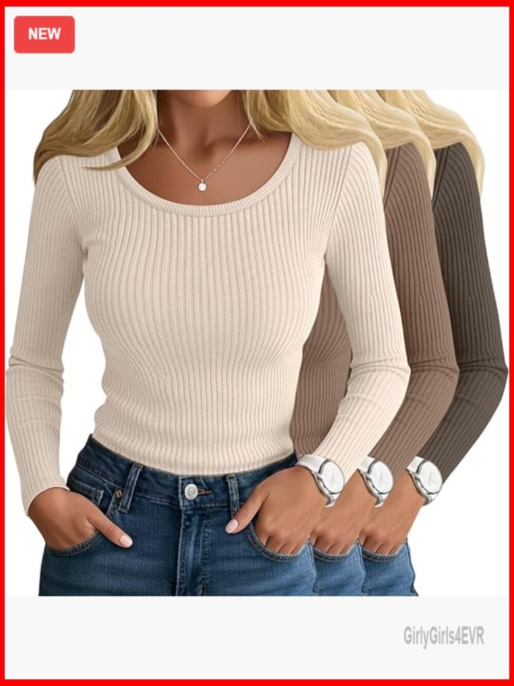 3 Pack Ribbed Long Sleeve Scoop Neck Slim Fit Cotton Tees Women's Tops